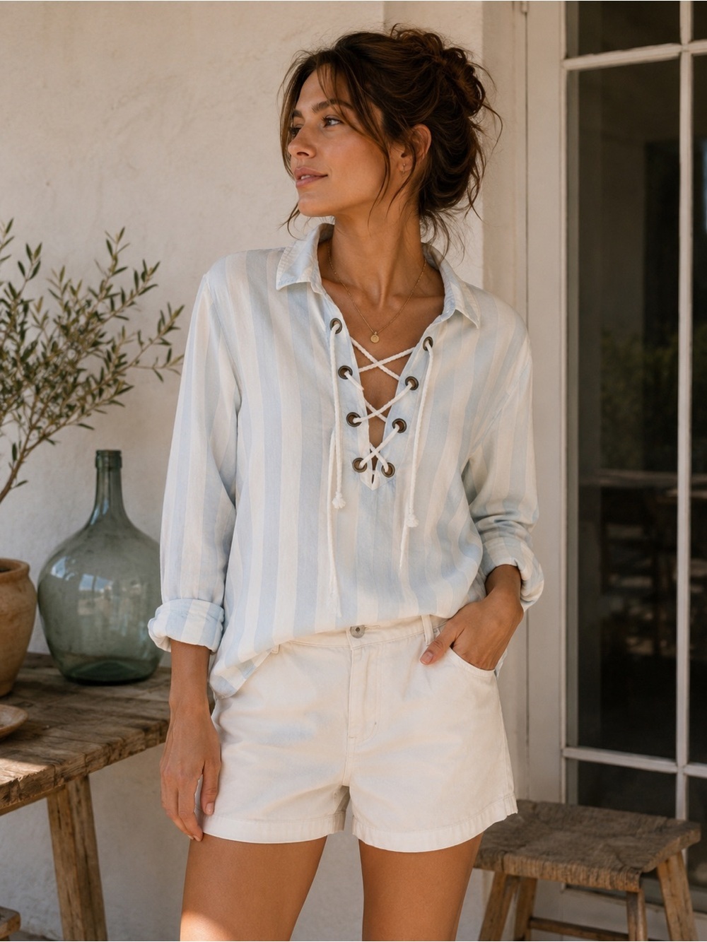 Rails Light Blue Striped Lace-Up Shirt Size XS Coastal Preppy Minimalist Spring